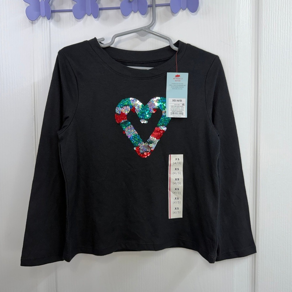 NEW Cat & Jack girl's black sequin candy cane long sleeve‎ cotton tshirt casual
